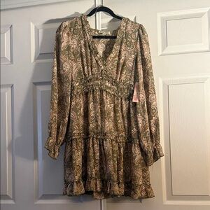 #141 - Inspired Hearts Green and Brown Paisley Long Sleeve Mini Dress
